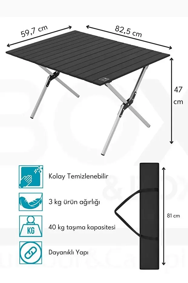 Alüminyum, Katlanabilir Kamp ve Piknik Masası, Omuz Askılı Taşıma Çantasıyla L