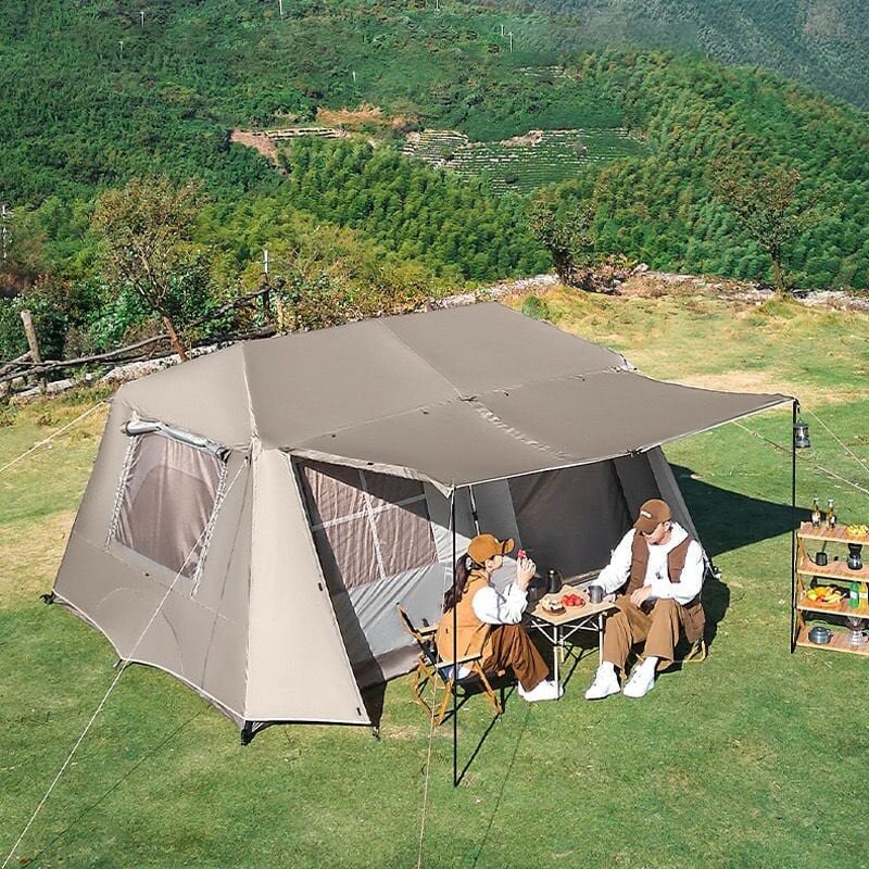 Çift katmanlı zirve tasarımlı dört mevsim çadırı, 16.3 metrekare, dış ölçüler: 430*380*220 cm.