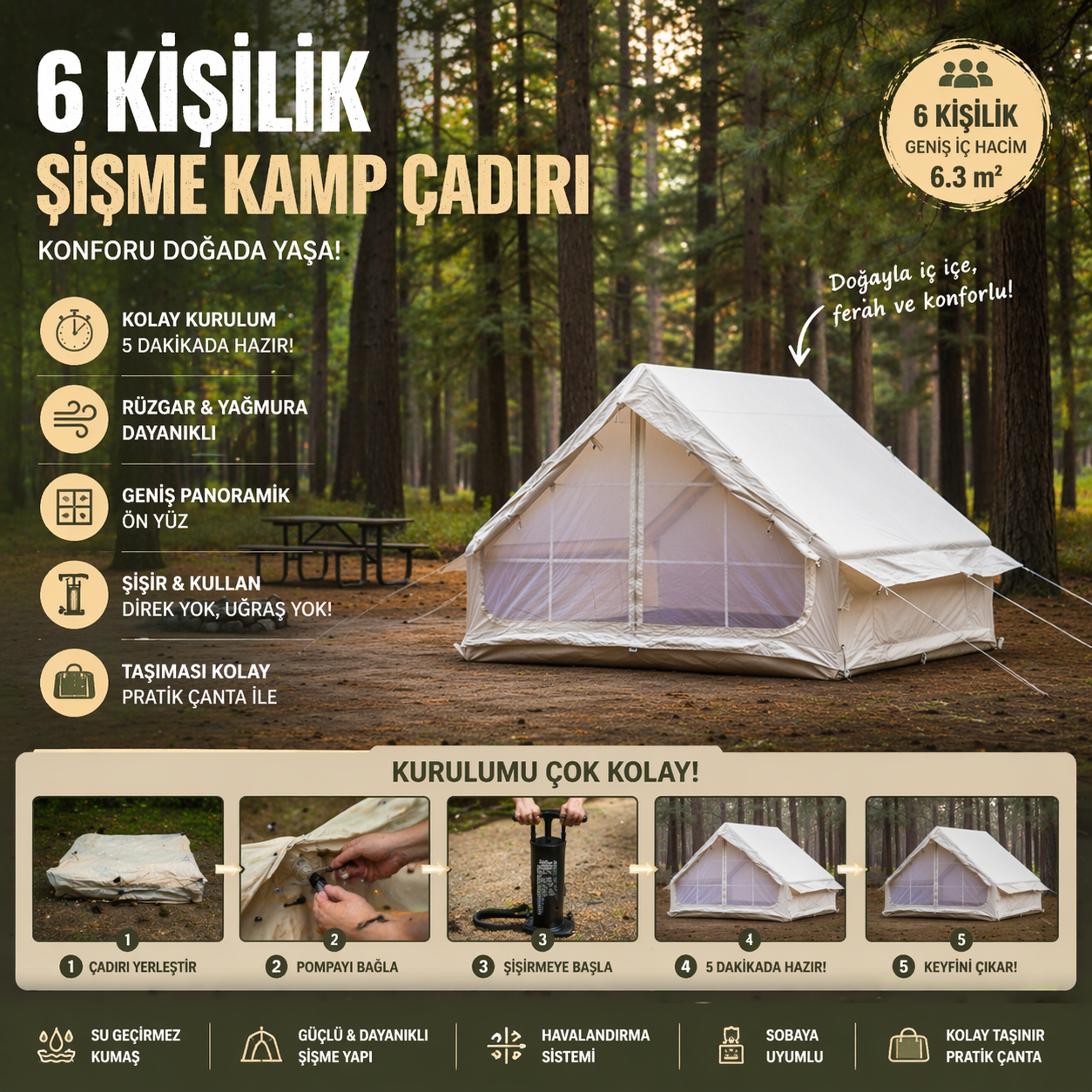 6 KİŞİLİK 6M2 4 MEVSİM ŞİŞME KAMP ÇADIRI (TEK KAPILI)